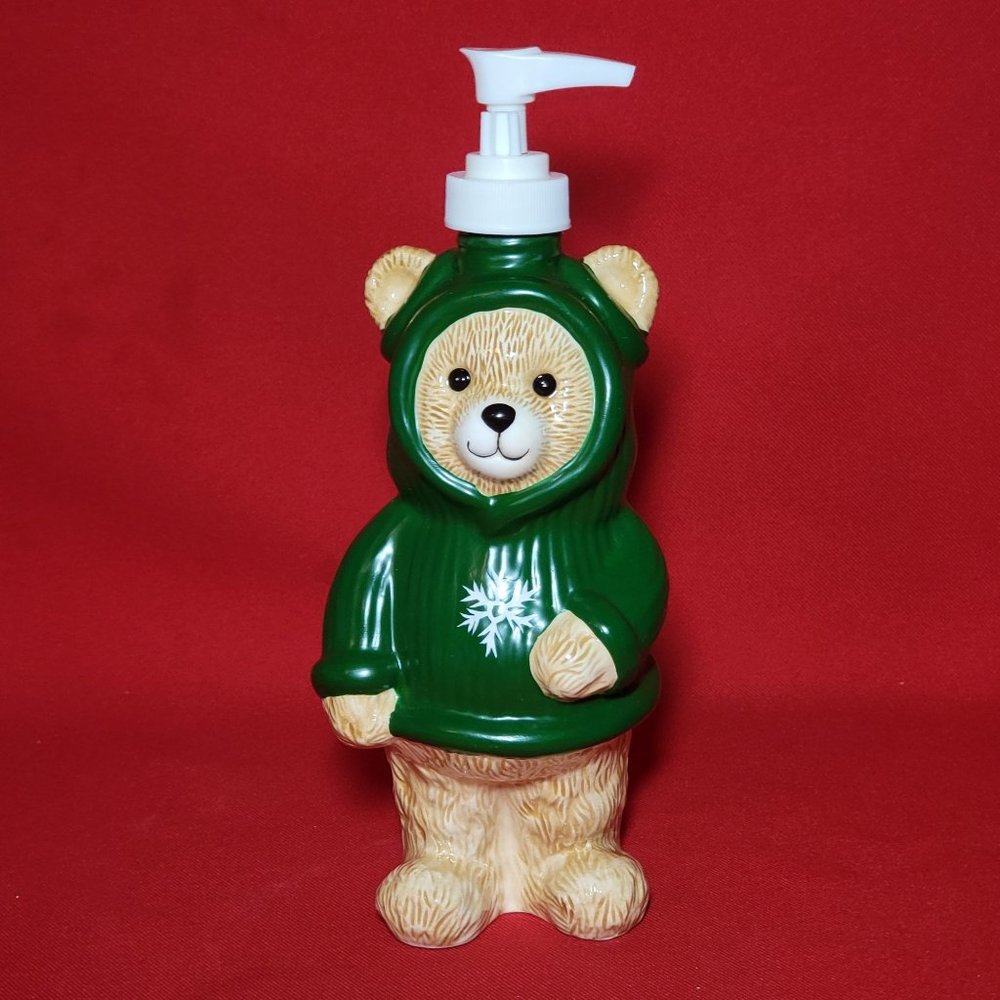 Ceramic Soap Dispenser Bear Wearing Snowflake Green Hoodie 9"